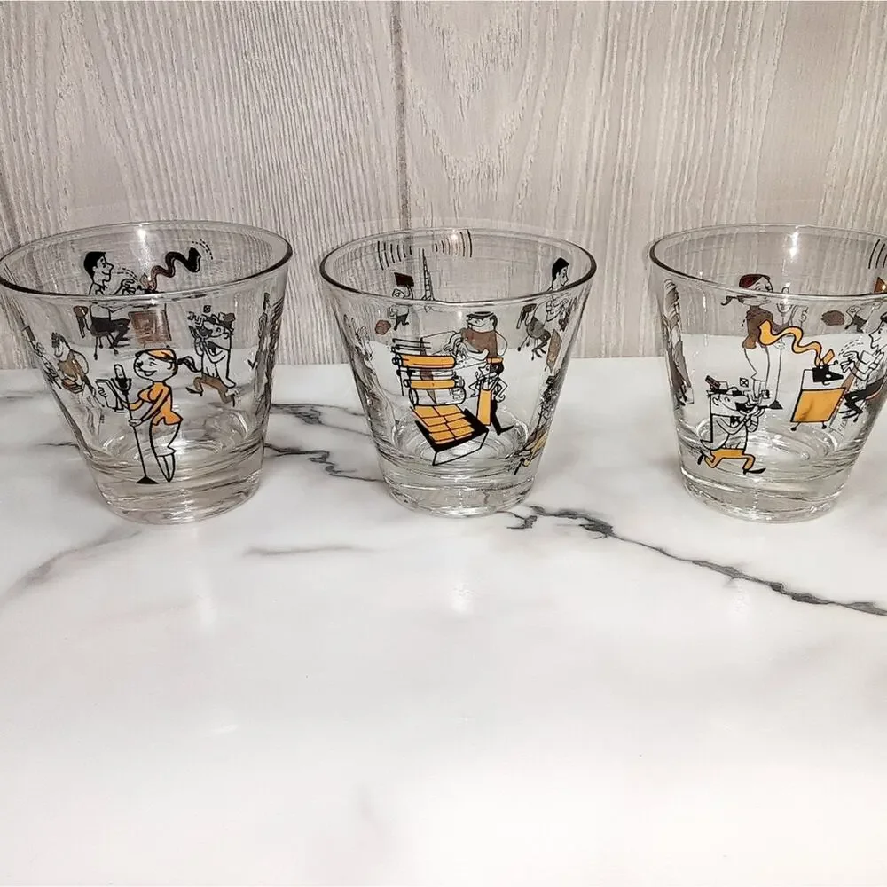 Mid Century modern Double drinking  Glasses  Set of 5 Pressroom Characters